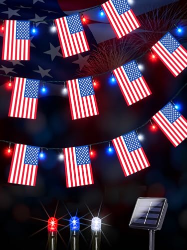 4th of July Decorations 50 LED Solar American Flag String Lights Outdoor