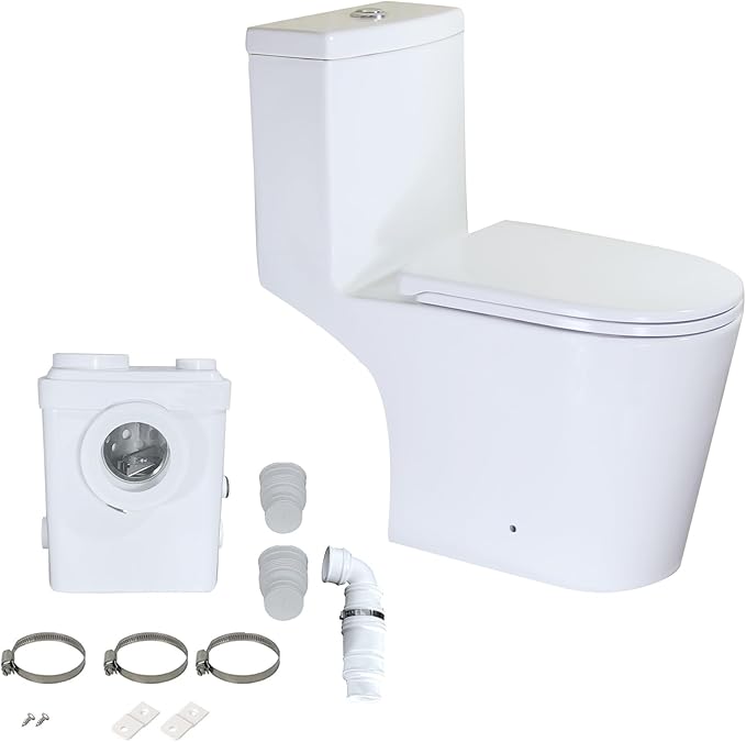 WinZo 450W Macerator Pump Toilet For Basement,Elongated 17-inch Tall Comfort Seat,Powerful Macerating Toilet System With 3 Water Inlet & Ac Vent