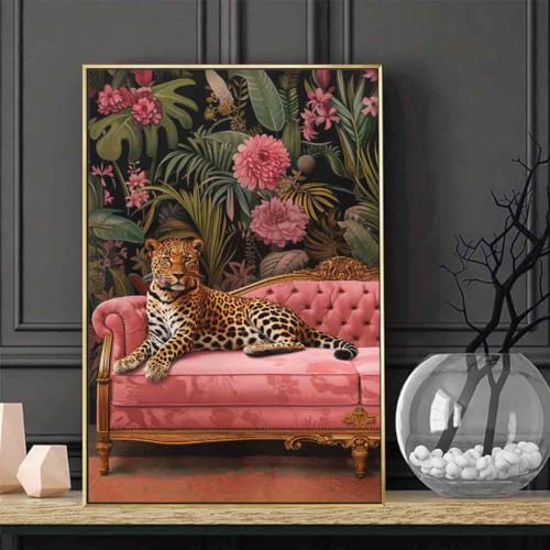 Trendy Cheetah Poster Wild Animal Pictures Dark Gothic Painting Panther on the Sofa Wall Art Fashion Cheetah Artwork 16x24inch no frame