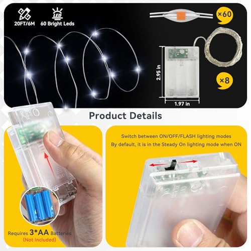 8 Pack Cool White Fairy Lights Battery Operated