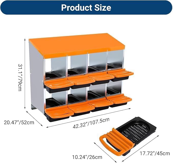 [8-Pack] Chicken Nesting Boxes for Hens - Galvanized Steel Wall Mount or Freestanding Chicken Nest, Removable Plastic Egg Tray & Ventilation Holes - Poultry Nesting Boxes for Egg Laying (Orange)
