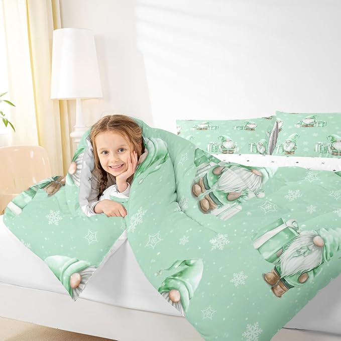 Feelyou Green Christmas Comforter Set All Season Scandinavian Christmas Santa Gnomes Bedding Set with 1 Pillow Cases Xmas Snowflake Kids Toddler Bedclothes Bedroom Decor Breathable Soft