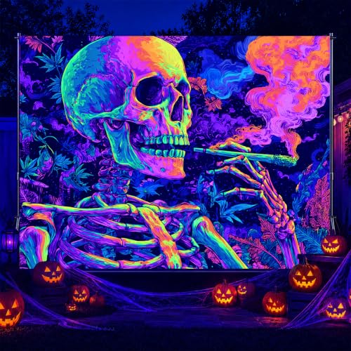 Blacklight Tapestry Smoking Skeleton UV Backdrop 78 x 59 Inch