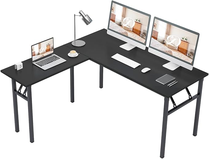 DlandHome Reversible L-Shaped Desk Large Corner Desk Folding Table Computer Desk Home Office Table Computer Workstation, Brown Black, ND11