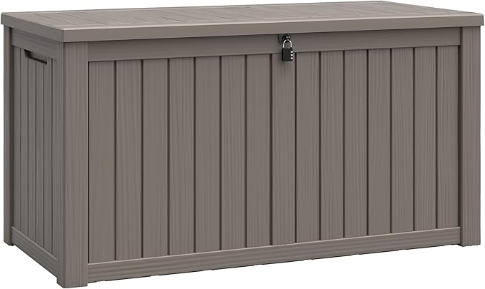 NUNU LAB 150 Gallon Outdoor Storage Box,Resin Large Sturdy Deck Box, Backyard Outside Storage Box Waterproof with Double Wall Panels,Package Delivery,Garden Outdoor Hose Bin