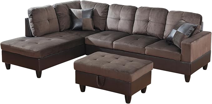 Osparple L Shaped Couch Sectional Couches for Living Room Upholstered Flannel 3 Pieces Modular Sectional Sofa with Chaise, Ottoman with Storage for Living Room and Small Apartment, Deep Brown