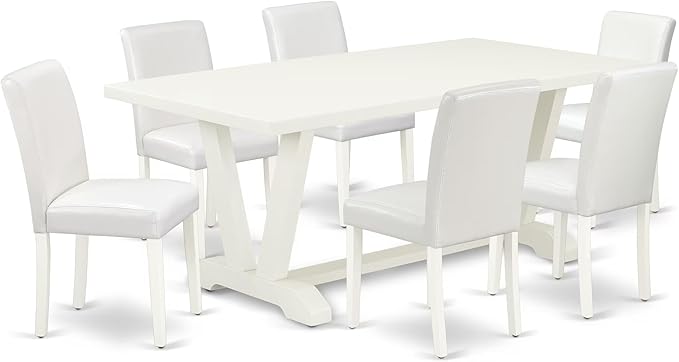 East West Furniture V027AB264-7 7 Piece Dining Room Furniture Set Consist of a Rectangle Dining Table with V-Legs and 6 White Faux Leather Upholstered Chairs, 40x72 Inch, Multi-Color