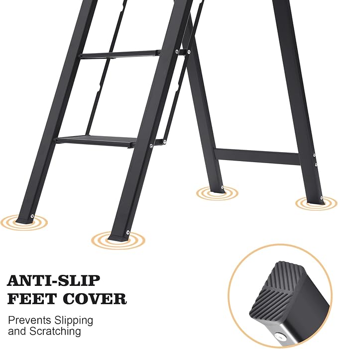 KINGRACK Aluminium 4 Step Ladder, Lightweight Step Stool with Non-Slip Pedals, Handrail, Foldable Step Ladder for Kitchen, Garage, Home, Space Saving, Sturdy and Portable, Black