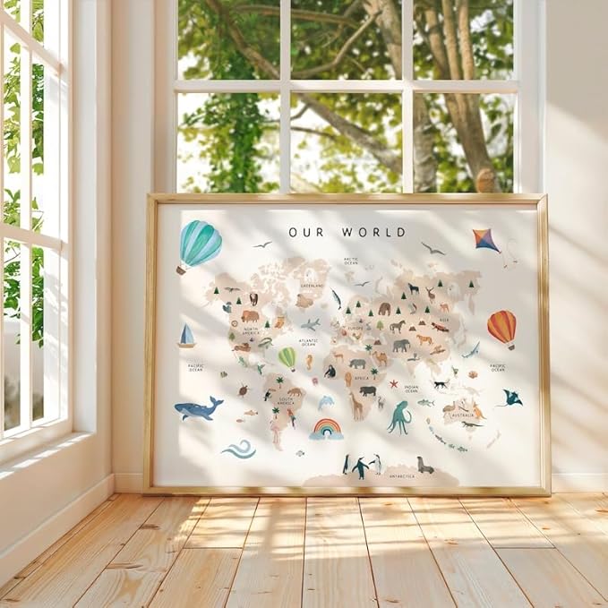 OZCONO Animal World Map Poster, Kids Educational Geography Decor, Safari Animals Nursery Art, Montessori Learning Wall Print (Unframed) (20x30)
