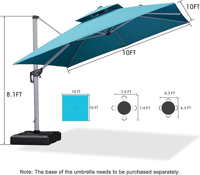 PURPLE LEAF 10ft Patio Umbrella Outdoor Square Umbrella Large Cantilever Umbrella Windproof Offset Heavy Duty Sun for Garden Deck Pool Patio, Turquoise Blue