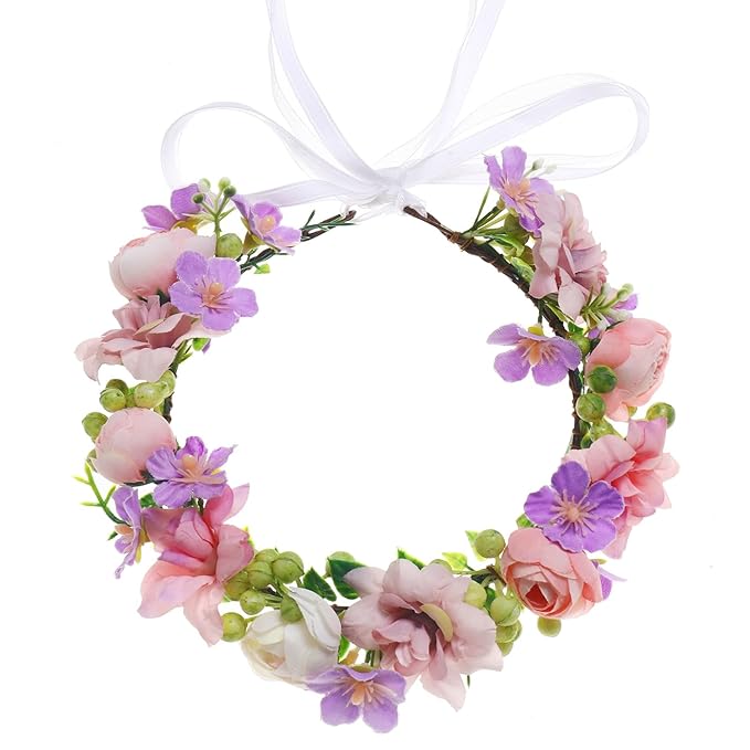 Baby Girls Flower Crown Flower Girl Headpiece boho Little Wreaths for Weddings, Family photography (Pink purple)