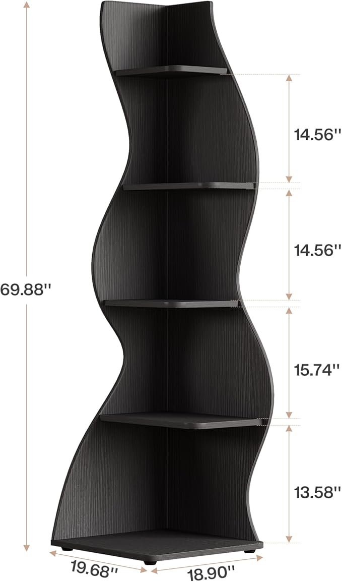 Tribesigns Wavy Corner Shelf, Modern 5-Tier Bookshelf Bookcase with Curvy Shape, Unique Plant Stand Display Rack for Living Room Small Space (Black)