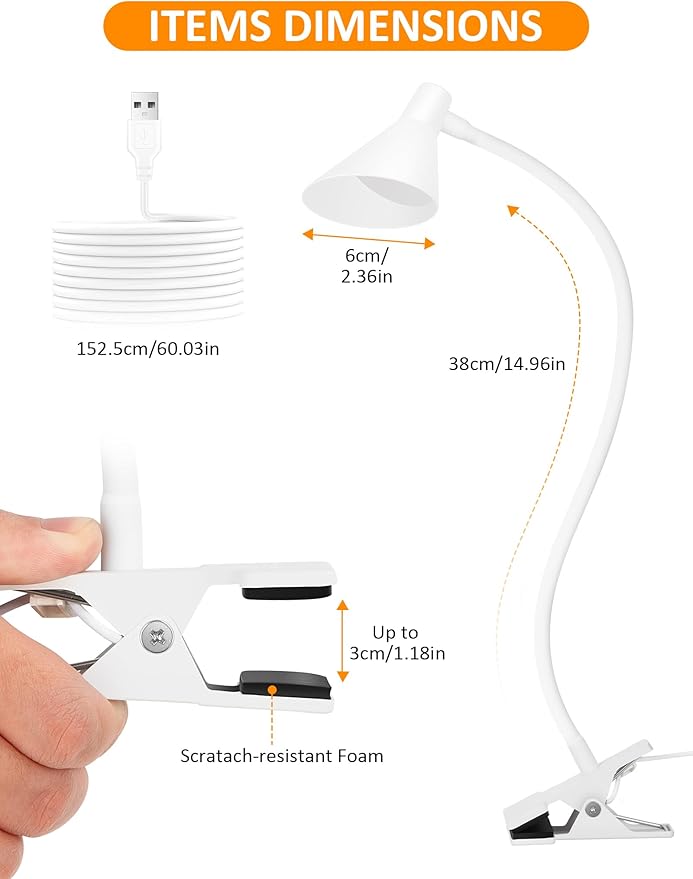 Desk Lamp Clip on Light USB Reading Light 3 Color Modes 10 Dimmable Brightness