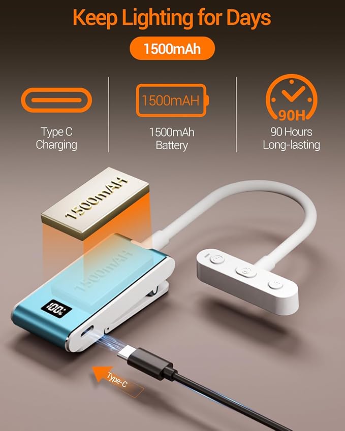 Rechargeable Book Light for Reading at Night in Bed, Clip On Reading Light