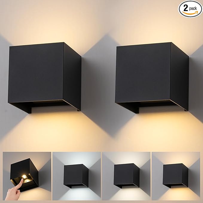 2 Pack LED Outdoor Wall Light Exterior/Interior, Modern Black Square Aluminum