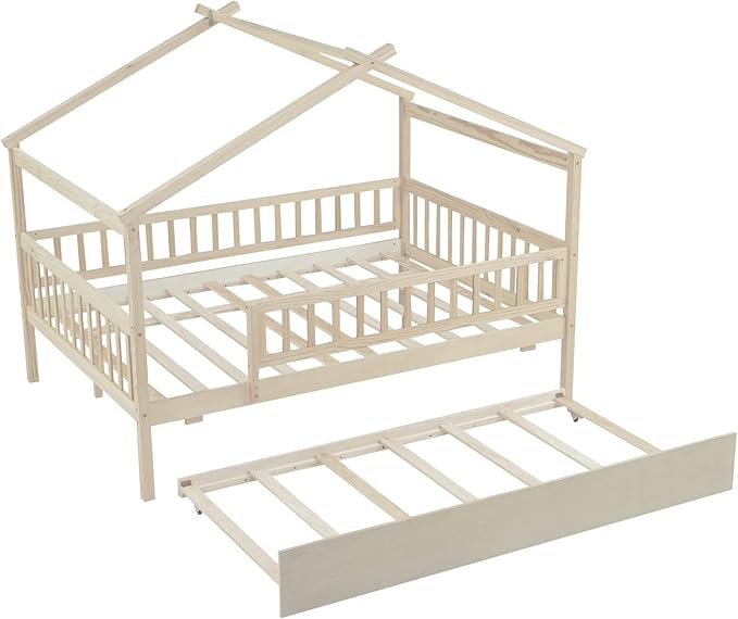 Harper & Bright Designs Full House Bed with Trundle, Kids Platform Frame Rails and Roof, Tent Bed, Wood Playhouse Montessori for Teens Girls Boys, No Box Spring Needed (Natural)