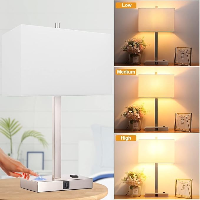 21" Touch Bedside lamps with 2 USB & AC Outlets, 3-Way Dimmable Bedside Table