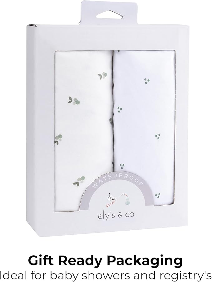 Ely's & Co. Patent Pending Waterproof Crib Sheets, 100% Cotton with Waterproof Lining - Built in Crib Mattress Protector, 2 Pack Fitted Toddler Sheet Set, Berry and Cluster Dot (Sage) 28” x 52”