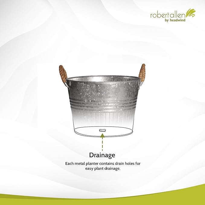 Headwind Decorative Planter - Round Galvanized Bucket w/Rope Handles – 12 Inch Metal Tub Bucket Planter for Outdoor Plants w/Drainage Hole – Galvanized Large Outdoor Planters Buckets by Robert Allen