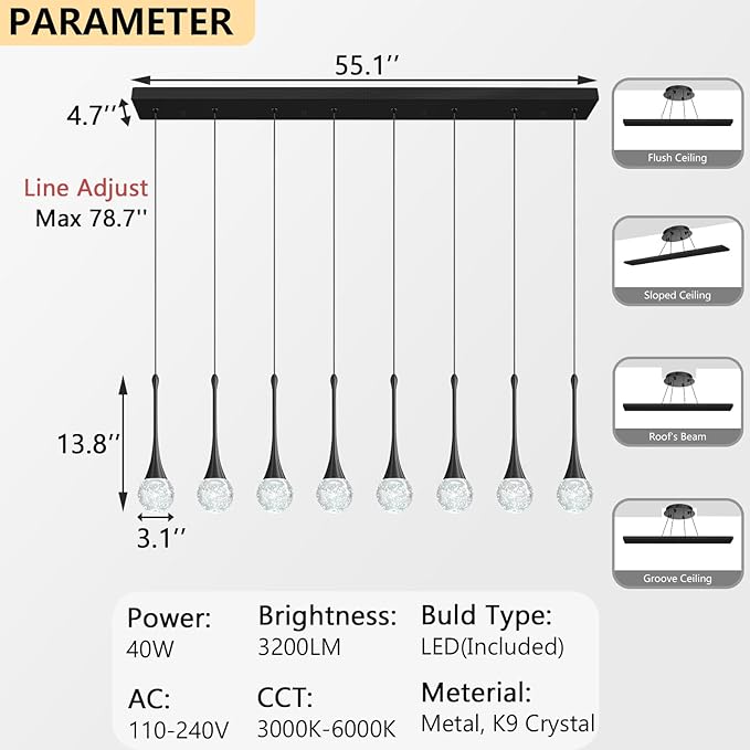 8 Light Modern Glam Crystal Rectangular Chandelier