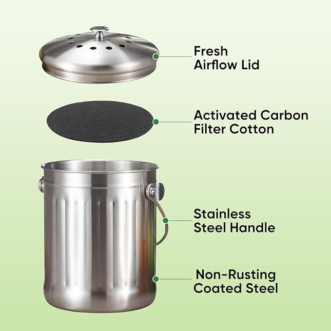 1.3 Gallon 5L Stainless Steel Compost Bin Countertop Compost Bucket Under Sink Kitchen Trash Can Composting Bucket Garbage Bin Poubelle Cuisine with Lid Charcoal Filter Indoor Silver
