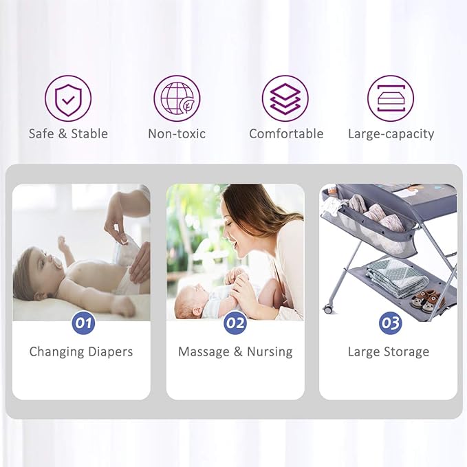 Baby Changing Table Portable Folding Diaper Changing Station with Wheels, Adjustable Height Mobile Nursery Organizer with Safety Belt and Large Storage Racks for Newborn Baby and Infant, Gray