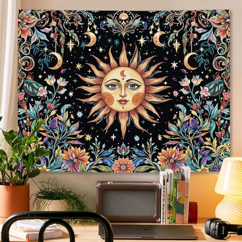 Sun and Moon Tapestry Hippie Boho Floral Wall Tapestry for Bedroom Aesthetic Colorful Flowers Vintage Celestial Botanical Plant Small Tapestries Wall Hanging for Living Room Dorm 48 x 36 Inch