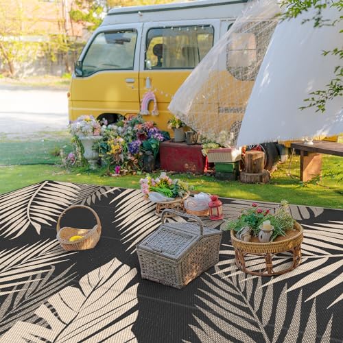 Outdoor Rug Waterproof Plastic Rugs 9'x18' for Camping Black Beige