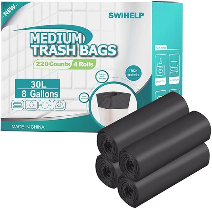 SWIHELP Medium Garbage Bags 8 Gallon /30 Liter Trash Bags Wastebasket Bin Liners Plastic Trash Bags for Bathroom Bedroom Office Trash Can 220 Count