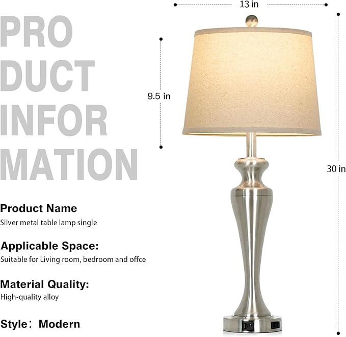 30 Inch Single Silver Table Lamp, 3-Way Dimmable Touch Bedroom Lamp