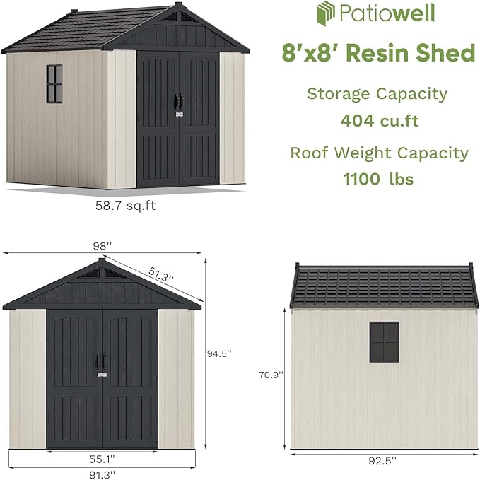 Patiowell 8x8 FT Outdoor Storage Shed, Plastic Shed Resin Garden Tool Shed with Floor & Window & Lockable Door for Patio Furniture, Backyard Tools, Bicycles & Lawnmower, Beige