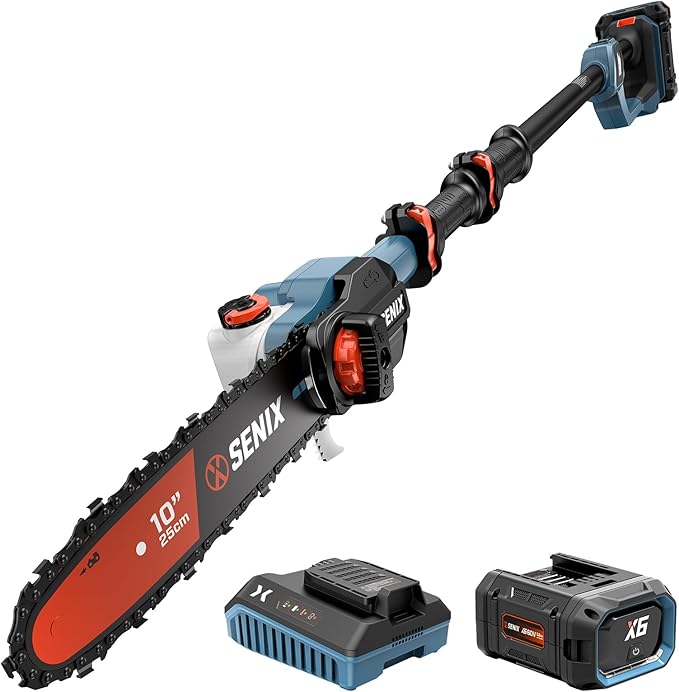 SENIX 10" Cordless Pole Saw, X6 60V Max 3.0Ah Battery Powered Pole Saw with 14ft Reach Carbon Fiber Telescoping Pole, 65.5ft/s Cutting Speed for Pruning and Trimming Branches(CSPX6-M)