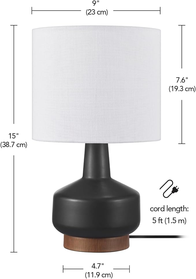GLOBE Electric 15" Ceramic Table Lamp, Matte Black Base, Wood-Toned Accent
