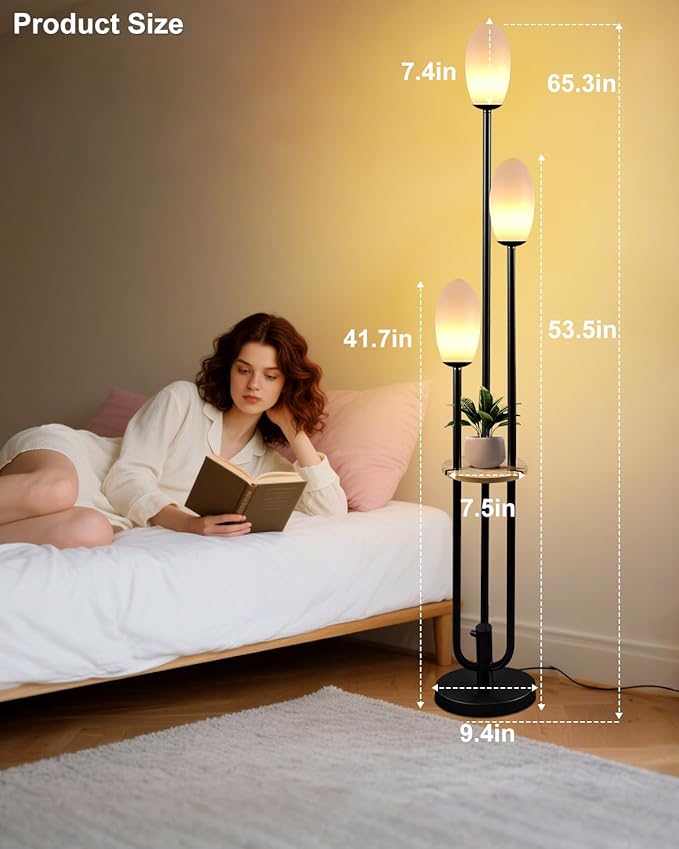Black Dimmable Floor Lamp with Table, Unique Candle Holder Style Tall Standing