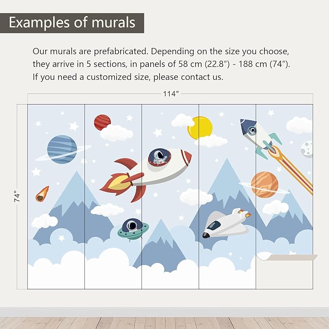 AFZEVEB-Space Mural Hand-Painted Cartoon Wallpaper for Kids Room 114"x74"(Not Peel and Stick)