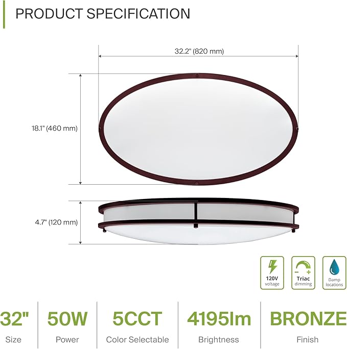 ASD LED 32" Oval Flush Mount Lighting, Close to Ceiling Light Fixture | 5CCT