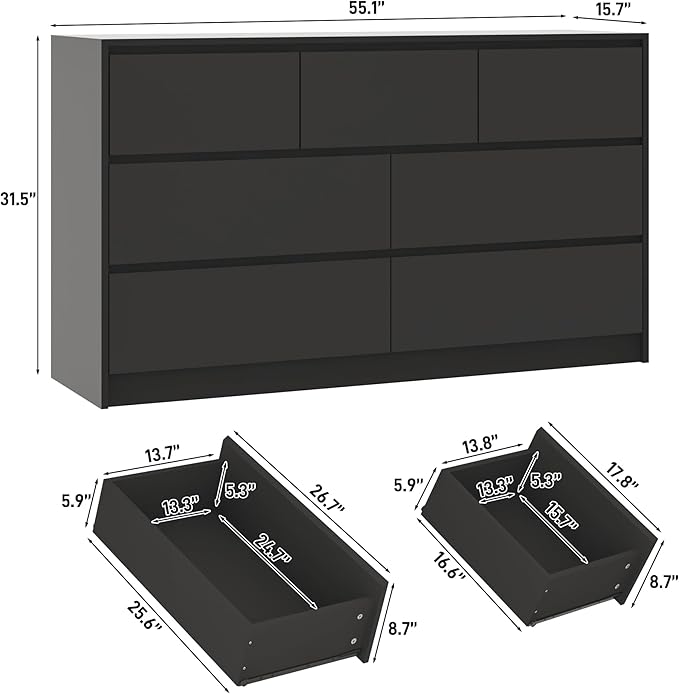 Black Malm Dresser for Bedroom, 55 Inch Long High Gloss Dresser with 7 Drawers, Modern Large Wood Chest of Drawer Handle Free, Living Room, Entryway, Hallway, Black