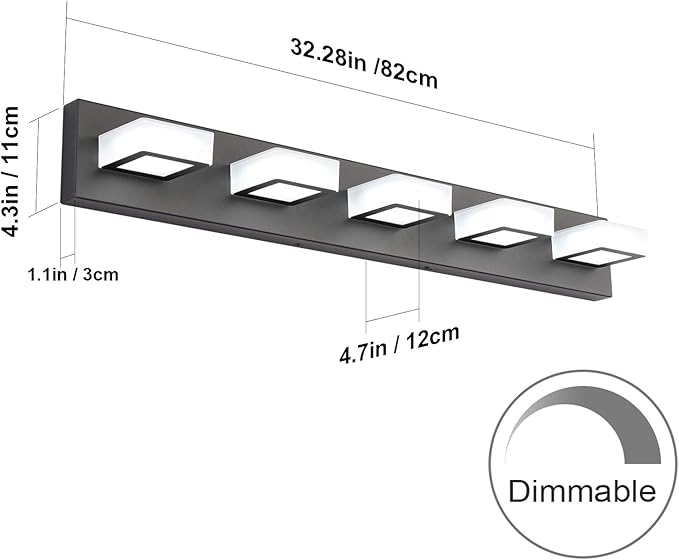 Ralbay Dimmable Matte Black Vanity Light Modern 5 Lights Acrylic Stainless