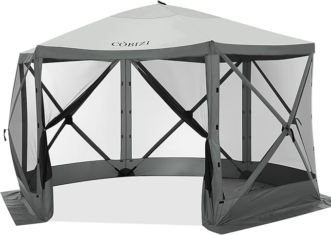 COBIZI 12x12ft Pop up Gazebo Screen Tent Screen House for Camping, Camping Outdoor Screened Gazebo with Mosquito Netting, Portable Hub Tent with Carrying Bag and Ground Stakes, Grey(Upgraded 2.0)