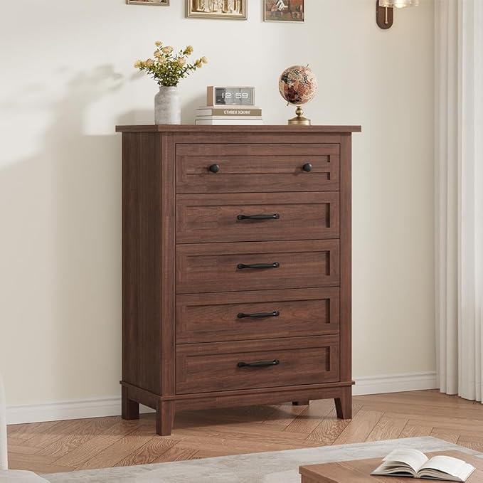 GarveeHome 5 Dresser for Bedroom, 41.3 in Tall Vertical Drawer Dresser with Large Storage, Freestanding Wooden Closet Chest for Bedroom, Living Room, Walnut