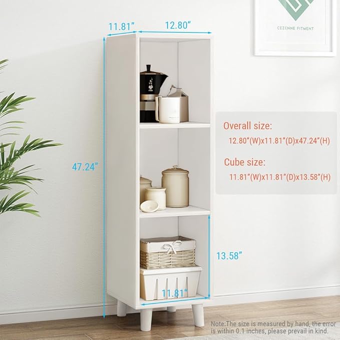 IOTXY Open Cube Low Bookcase - 3-Tier Freestanding Storage Display Cabinet Organizer with Legs for Home Office, 3-Cubes Open Shelf Short Bookshelf, White