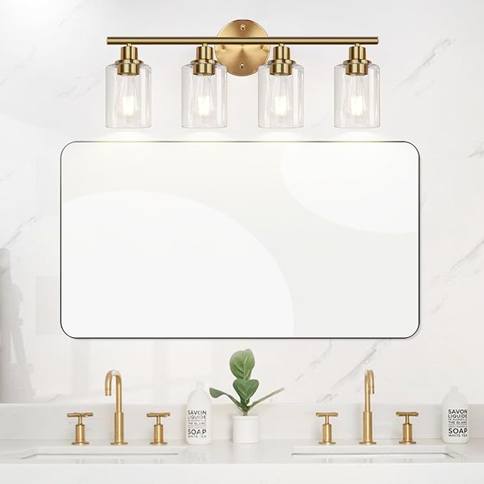 4-Light Bathroom Light Fixtures, Brushed Gold Modern Vanity Lights Over Mirror