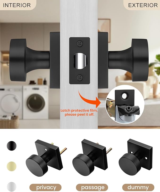 Haidms Matte Black Door Knobs Passage, Heavy Duty Square Matte Black Hall and