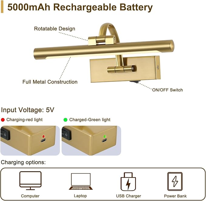 Wireless Picture Lights for Wall Rechargeable Brass Gallery Lights Battery