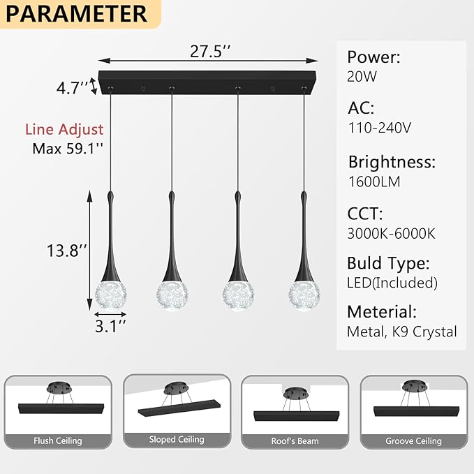 4-Lights Modern Pendant Lights for Kitchen Island LED Dimmable Crystal Glam