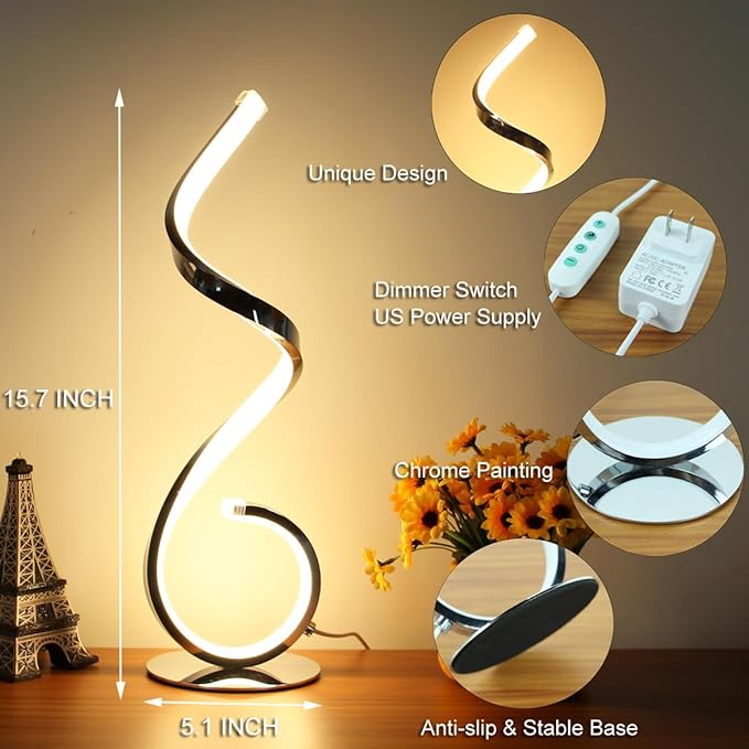 Modern Spiral LED Table Lamp, Stepless Dimmable Bedside Table Lamps