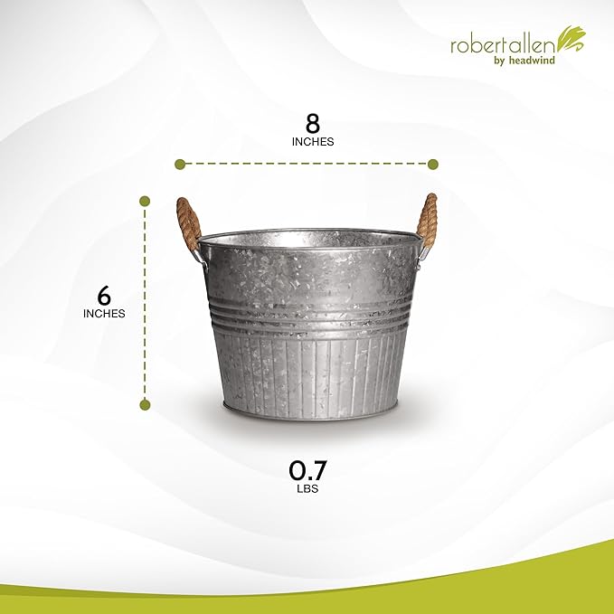 Headwind Decorative Planter - Round Galvanized Bucket w/Rope Handles – 8 Inch Metal Tub Bucket Planter for Outdoor Plants w/Drainage Hole – Galvanized Large Outdoor Planters Buckets by Robert Allen