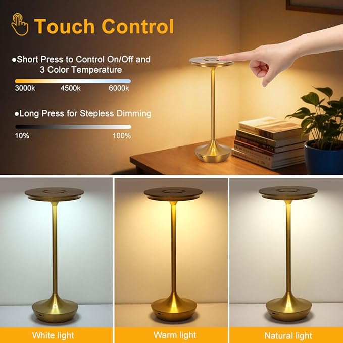 EJQ Rechargeable Cordless Table Lamp, 6000mAh Battery Operated LED Table Lights