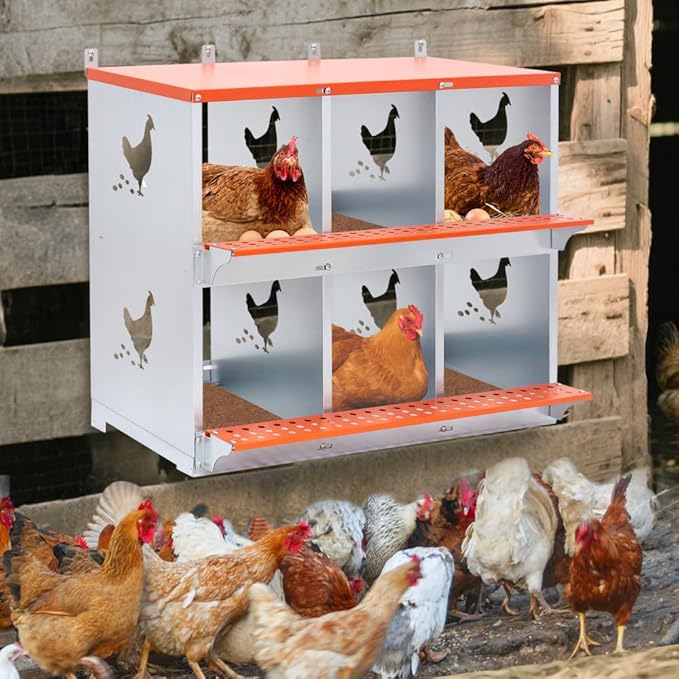 Wall-Mounted Metal Nesting Box for Chickens and Ducks – Galvanized Steel Construction with Ventilation & Easy Egg Access (6-Orange)