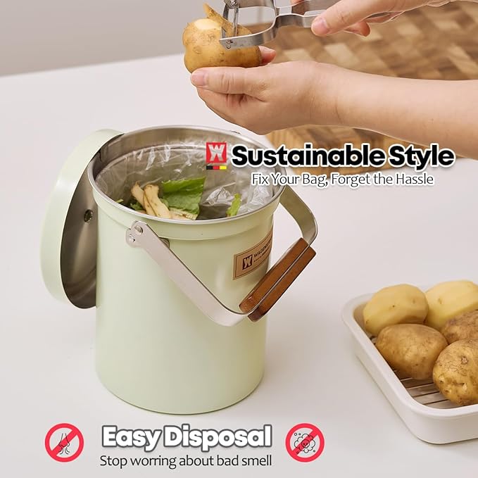 Kitchen Countertop Compost Bin 101Ounces / 3Liter with Airtight Lid, SUS304 Stainless Steel Odor-Free Food Waste Bin with Wooden Handle Stylish Design/Bathroon Trash Can (Mint Green)